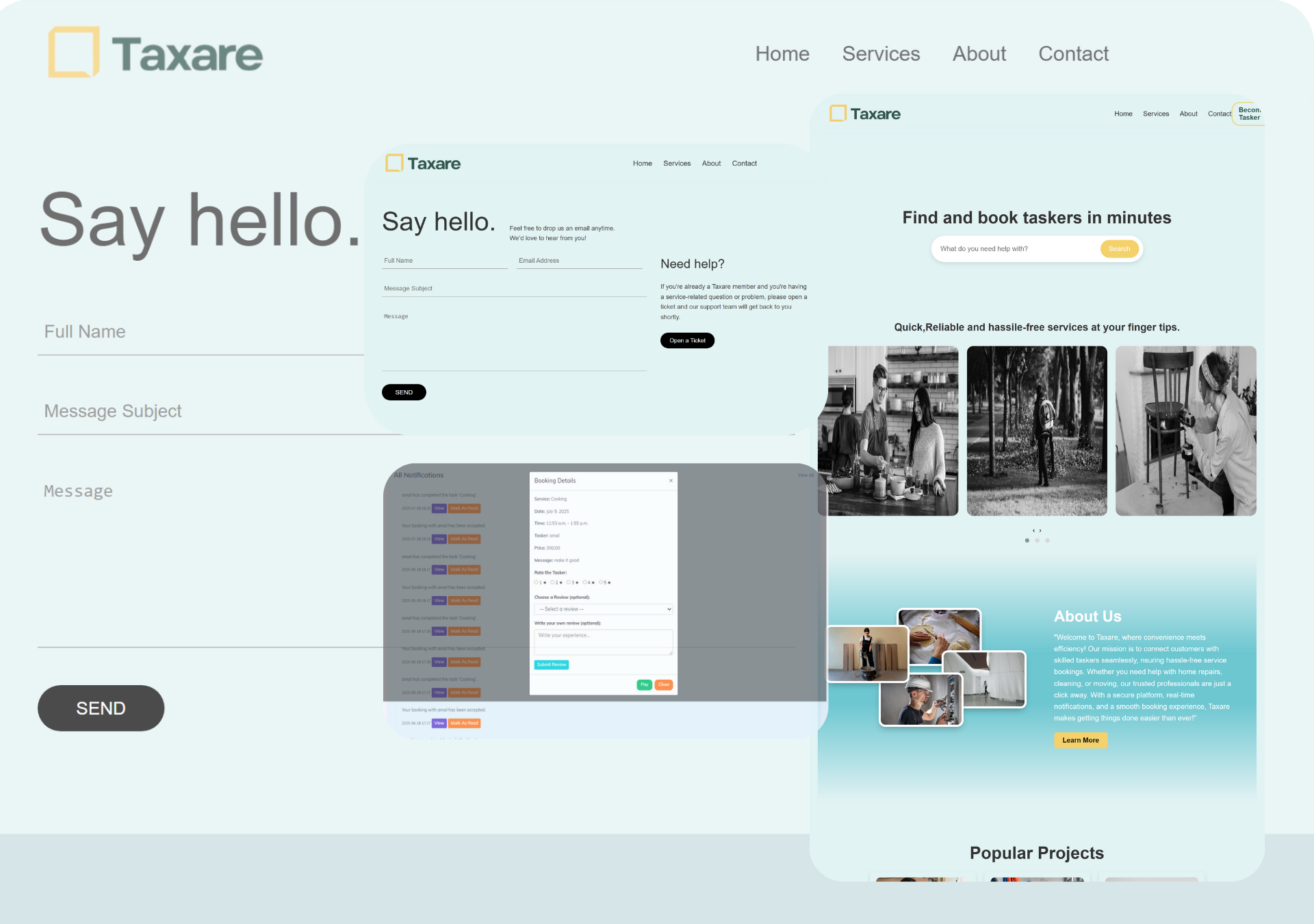 Taxare modern booking platform MVP with real-time chat and responsive UI for startups